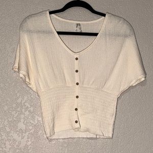 Mudd Small Cream Crop Top with Batwing Sleeves, Smocked Waist, Faux Button Front